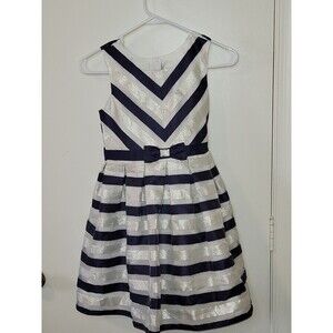 Girls Sz 8 Jona Michelle Formal Dress White Navy Silver